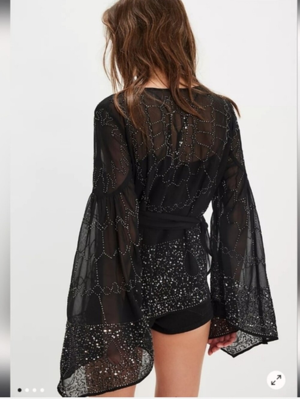 Free People Gorgeous Dazzling Nick Of Time Jacket Sheer Black Beaded Wrap Large